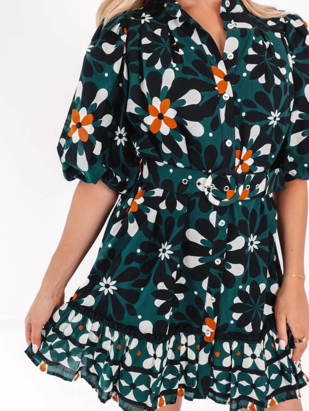 J.Marie Green Floral Puff Sleeve Belted Mini Dress